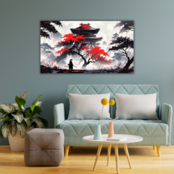 Cuadro Oriental Samurai en árbol rojo