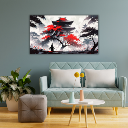 Cuadro Oriental Samurai en árbol rojo