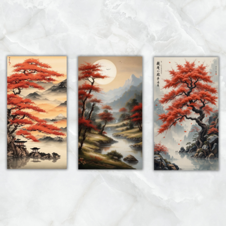Cuadro Oriental Triple paisaje de hojas rojas - Imagen 2