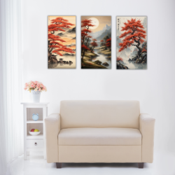 Cuadro Oriental Triple paisaje de hojas rojas