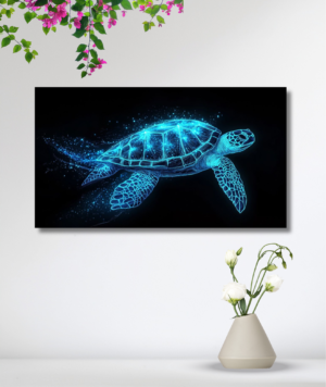 Tortuga destellos azules en un mar oscuro