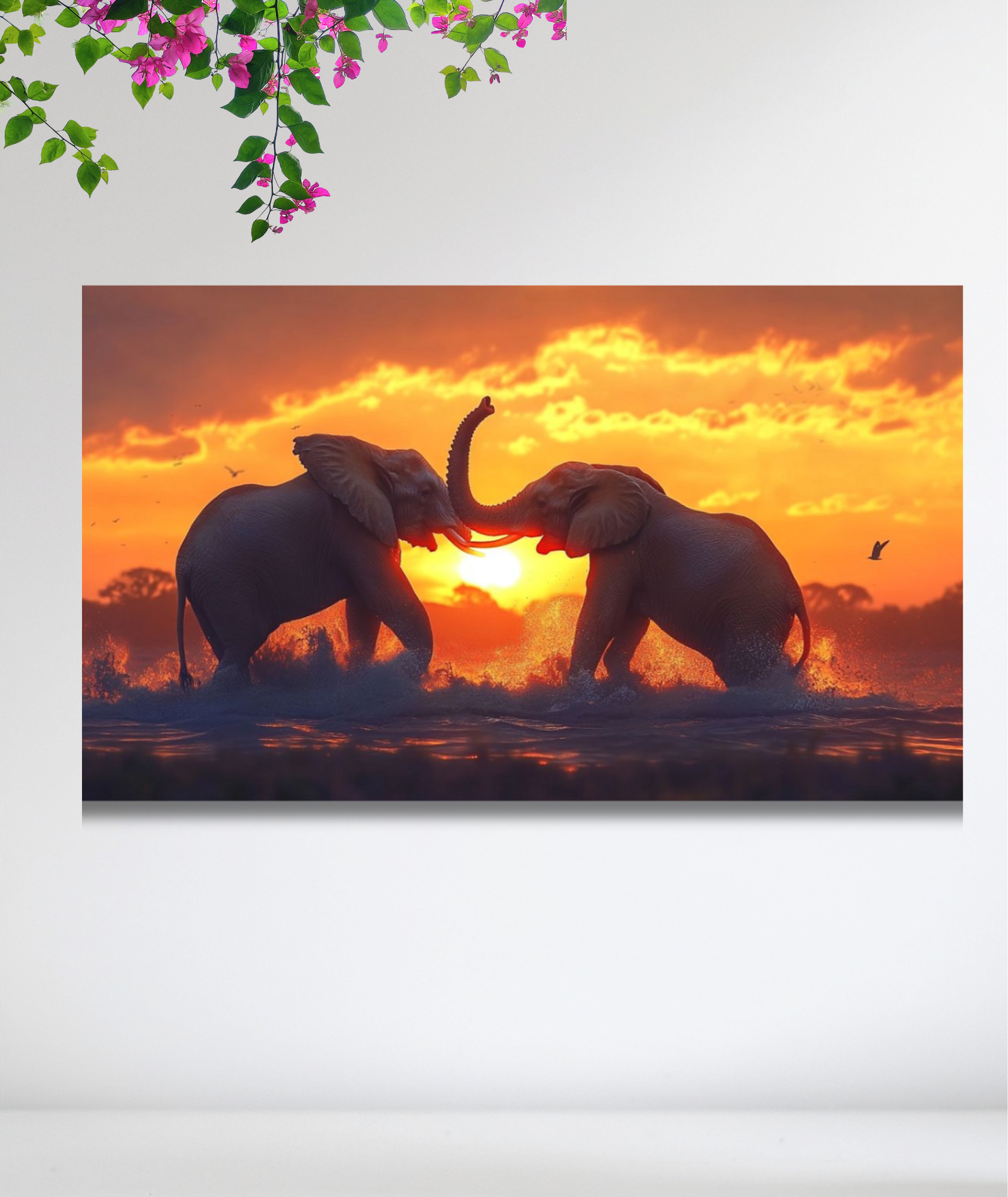 Elefantes luchando en puesta de sol