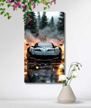 Cuadro decorativo vertical Pagani Huayra negro con efecto de fuego y chispas impreso en tela canvas