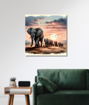 Pintura estilo acuarela que muestra una manada de elefantes caminando por la sabana africana durante un atardecer con tonos rosados y naranjas, aves volando y el sol de fondo.