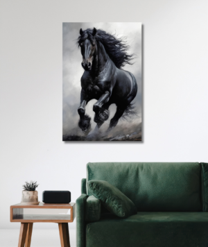cuadro caballo salvaje negro indomable cabalgando