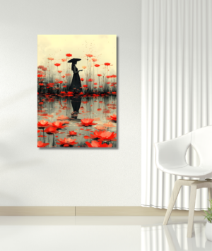 Arte Asiático - mujer y las flores rojas