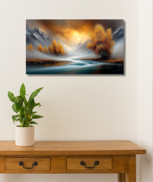 Cuadro decorativo de paisaje moderno con montañas, río y árboles otoñales Full HD