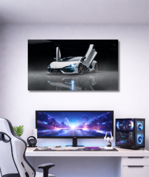 Cuadro canvas de Lamborghini Revuelto blanco con puertas abiertas en estudio oscuro, arte decorativo automotriz