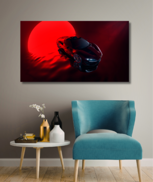 Cuadro decorativo artístico Ferrari Daytona SP3 frente a un círculo rojo intenso en tela canvas premium