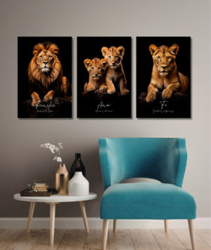 Set de cuadros familia de leones en canvas decorativo premium de 3 piezas para living y dormitorio