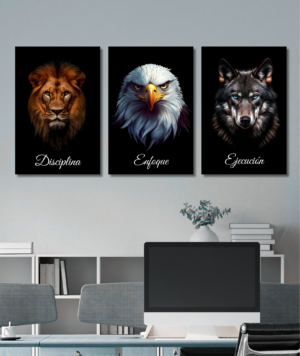 Set de cuadros motivacionales con león, águila y lobo con frases Disciplina, Enfoque y Ejecución