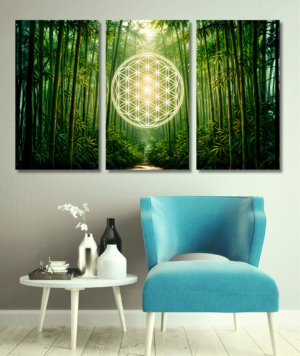 Cuadro Decorativo Bambú Zen con Flor de la Vida | Tríptico Espiritual Moderno