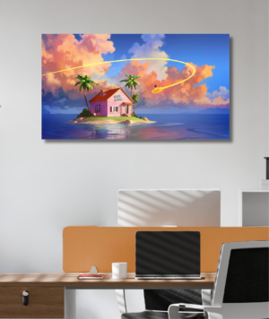 Cuadro canvas de la Kame House de Dragon Ball impreso en calidad fotográfica Full HD sobre bastidor de madera de pino, mostrando a Goku en la Nube Voladora durante un atardecer.